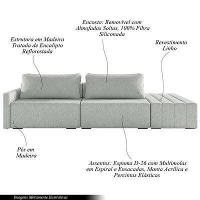 Sofá Ilha Modulado Milos 252cm Puff Lateral Linho Cinza Claro G33 - Gran Belo