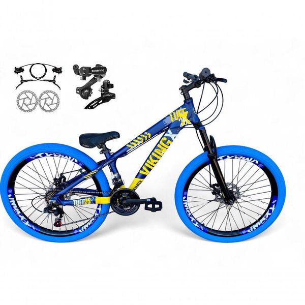 Bicicleta Aro 26 Vikingx Tuff Câmbios Shimano Freio Hidráulico 21v Freeride Aro Vmaxx Flame Azul-amarelo X25 Bicicleta Aro 26 Vikingx Tuff Câmbios Shimano Freio Hidráulico 21v Freeride Aro Vmaxx Flame Azul-amarelo X25