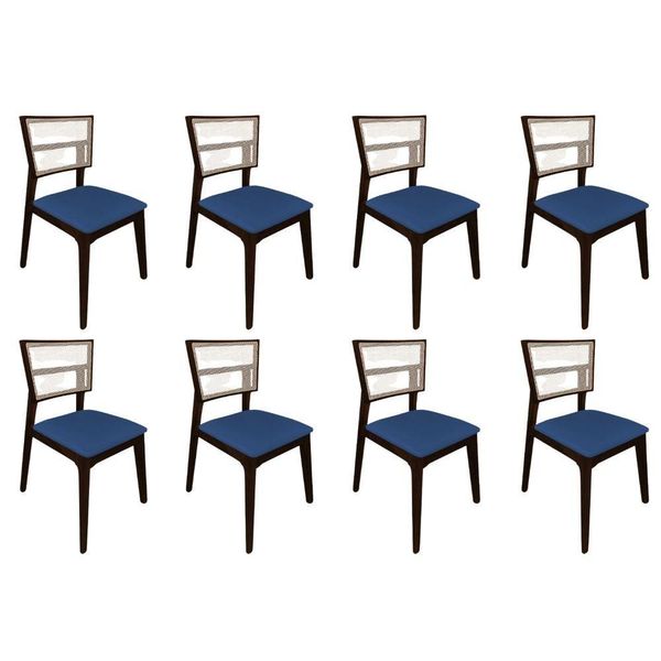 Kit 8 Cadeiras De Jantar Tela Premium Madeira Maciça Manuela Azul Veludo Castanho