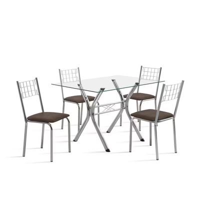 Conjunto Sala de Jantar Mesa Montana Tampo de Vidro 120x80cm e 4 Cadeiras Íris Aço Cromado Aço Nobre Incolor/Marrom