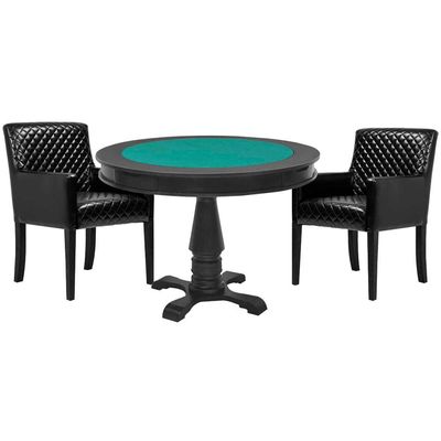 Mesa de Jogos Carteado Victoria Tampo Reversível Preto com 2 Cadeiras Liverpool PU Preto Matelassê