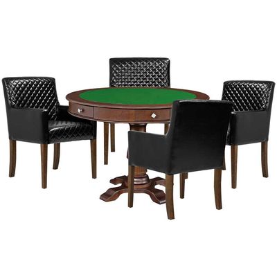 Mesa de Jogos Carteado Victoria Tampo Reversível Imbuia Kit 4 Cadeiras Liverpool PU Preto Matelassê