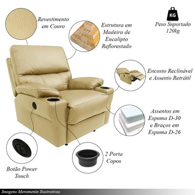 Poltrona do Papai Sala de Cinema Mia Reclinável Retrátil Power Elétrico Base Fixa Couro Bege G40 - Gran Belo