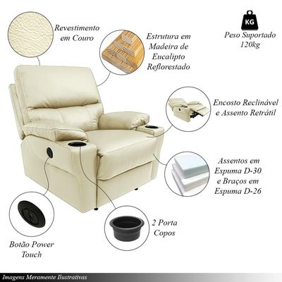Poltrona do Papai Sala de Cinema Mia Reclinável Retrátil Power Elétrico Base Fixa Couro Off White G40 - Gran Belo