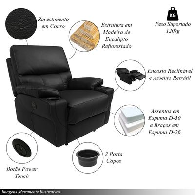Poltrona do Papai Sala de Cinema Mia Reclinável Retrátil Power Elétrico Base Fixa Couro Preto G40 - Gran Belo