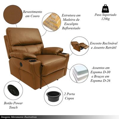 Poltrona do Papai Sala de Cinema Mia Reclinável Retrátil Power Elétrico Base Fixa Couro Caramelo Brilho G40 - Gran Belo