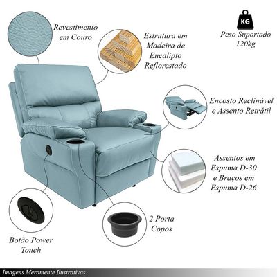 Poltrona do Papai Sala de Cinema Mia Reclinável Retrátil Power Elétrico Base Fixa Couro Azul Celeste G40 - Gran Belo