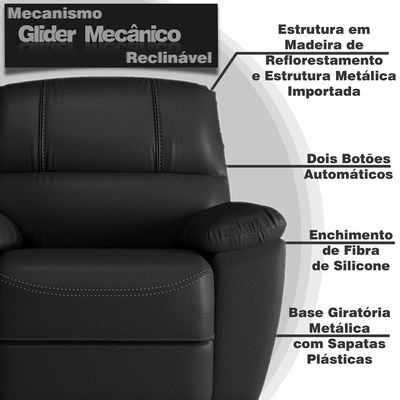Poltrona do Papai Reclinável Giratória Armênia Glider Mecânico Couro Preto - Gran Belo