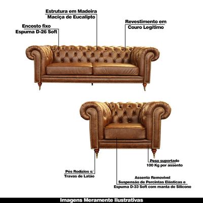 Conjunto Sofá e 2 Poltronas Chesterfield Duo Couro Tabaco - Gran Belo