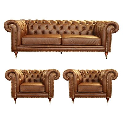 Conjunto Sofá e 2 Poltronas Chesterfield Duo Couro Tabaco - Gran Belo