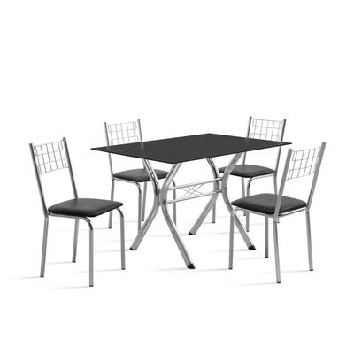 Conjunto Sala de Jantar Mesa Montana Tampo de Vidro 120x80cm e 4 Cadeiras Íris Aço Cromado Aço Nobre Preto/Preto
