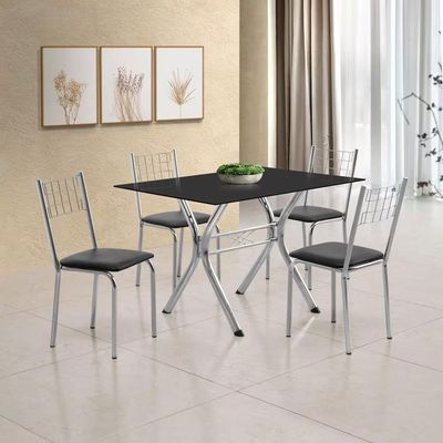 Conjunto Sala de Jantar Mesa Montana Tampo de Vidro 120x80cm e 4 Cadeiras Íris Aço Cromado Aço Nobre Preto/Preto