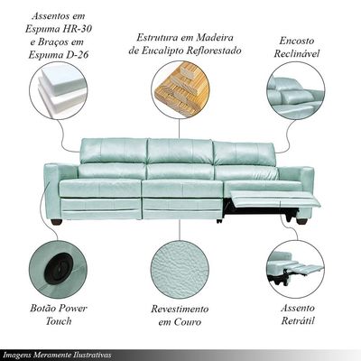 Sofá Sala de Cinema Elétrico Maldivas Reclinável Retrátil 4 Lugares 281cm Couro Azul Claro G40 - Gran Belo