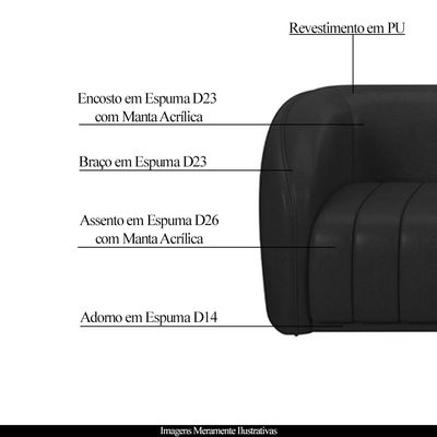 Sofá Decorativo Sala de Estar 332cm Adam 4 Lugares PU Preto G45 - Gran Belo