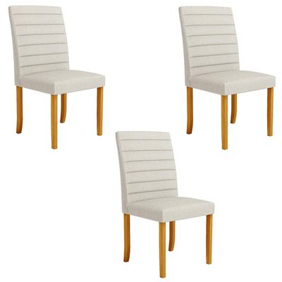 Kit 3 Cadeiras de Sala de Jantar Estofadas Veiga Madeira Maciça Linho Off White G78 - Gran Belo