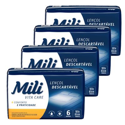 Lençol Descartável Absorvente Mili Vita Care  p/adulto 4 pacotes c/ 6 lençóis  Total 24 lençóis