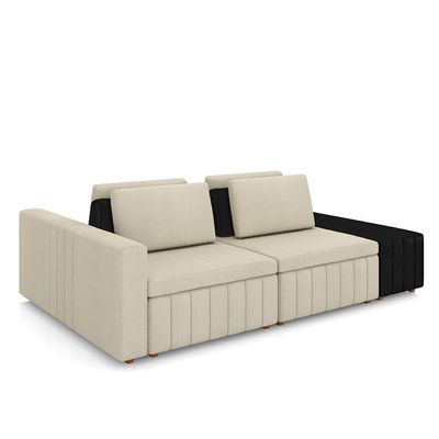 Sofá Ilha com Encosto e Almofadas Móveis Olimpo 265cm Modulado Linho/PU Bege/Preto G45 - Gran Belo