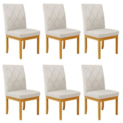 Kit 6 Cadeiras de Sala de Jantar Estofadas Gomes Madeira Maciça Linho Off White G78 - Gran Belo