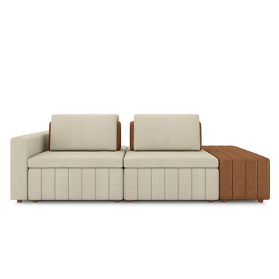 Sofá Ilha com Encosto e Almofadas Móveis Olimpo 265cm Modulado Linho/PU Bege/Caramelo G45 - Gran Belo