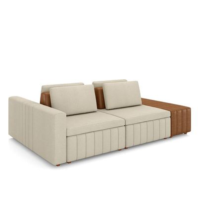 Sofá Ilha com Encosto e Almofadas Móveis Olimpo 265cm Modulado Linho/PU Bege/Caramelo G45 - Gran Belo