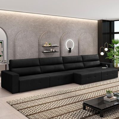 Sofá Retrátil 8 Lugares 524cm 4 Módulos Nero com USB Couro Preto G52 - Gran Belo