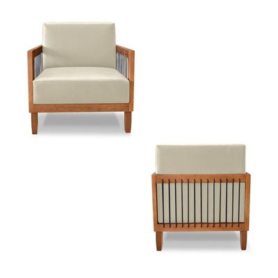 Poltrona Sala de Estar Pés Madeira Maciça Corda Náutica Preta 75cm Manila PU Bege G63 - Gran Belo