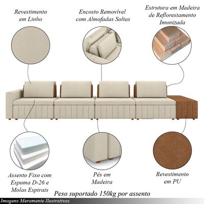 Sofá Ilha com Encosto e Almofadas Móveis Olimpo 425cm Modulado Linho/PU Bege/Caramelo G45 - Gran Belo