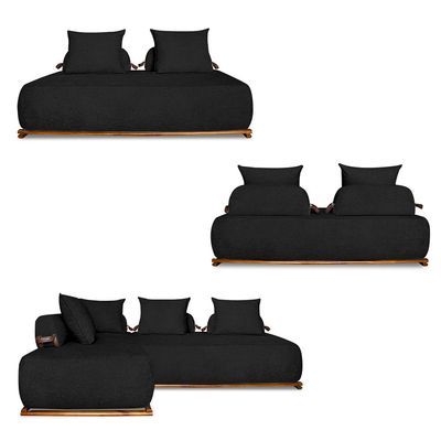 Sofá Modulado 6 Lugares com Almofadas Soltas Pés Madeira Maciça 440cm Homer Bouclê Preto G63 - Gran Belo