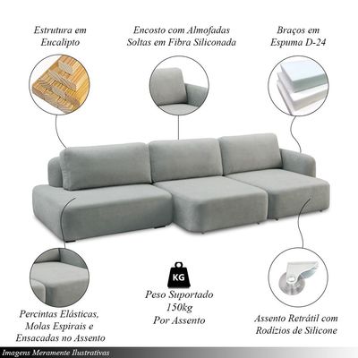 Conjunto Sala de Estar 1 Sofá Retrátil Modulado 342cm e 2 Poltronas Santiago Bouclê Cinza G89 - Gran Belo