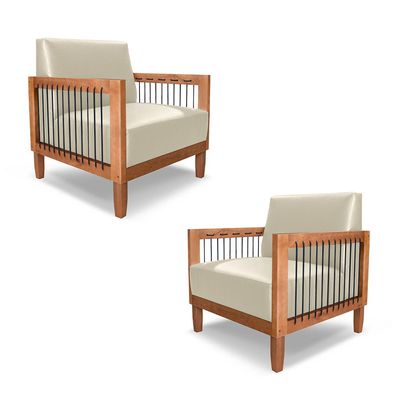 Kit 2 Poltronas Sala de Estar Pés Madeira Maciça Corda Náutica Preta 75cm Manila PU Bege G63 - Gran Belo