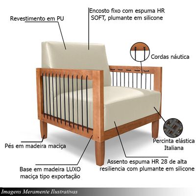 Kit 2 Poltronas Sala de Estar Pés Madeira Maciça Corda Náutica Preta 75cm Manila PU Bege G63 - Gran Belo