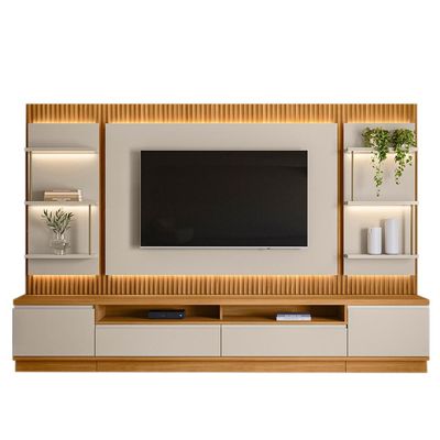 Painel e Bancada Rack Sala de Estar 297cm Madalena Modulado LED Ripado TV até 70 Tauari/Off White G77 - Gran Belo
