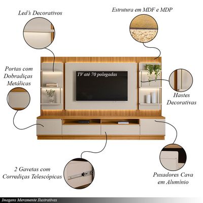 Painel e Bancada Rack Sala de Estar 297cm Madalena Modulado LED Ripado TV até 70 Tauari/Off White G77 - Gran Belo