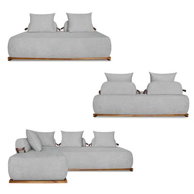 Sofá Modulado 6 Lugares com Almofadas Soltas Pés Madeira Maciça 400cm Homer Bouclê Cinza G63 - Gran Belo
