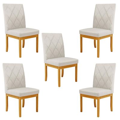 Kit 5 Cadeiras de Sala de Jantar Estofadas Gomes Madeira Maciça Linho Off White G78 - Gran Belo