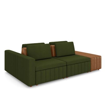 Sofá Ilha com Encosto e Almofadas Móveis Olimpo 285cm Modulado Linho/PU Verde/Caramelo G45 - Gran Belo