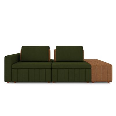 Sofá Ilha com Encosto e Almofadas Móveis Olimpo 285cm Modulado Linho/PU Verde/Caramelo G45 - Gran Belo
