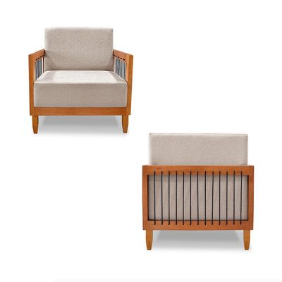 Poltrona Sala de Estar Pés Madeira Maciça Corda Náutica Preta 75cm Manila Linho Areia Rústico G63 - Gran Belo