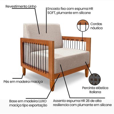 Poltrona Sala de Estar Pés Madeira Maciça Corda Náutica Preta 75cm Manila Linho Areia Rústico G63 - Gran Belo
