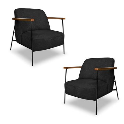 Kit 2 Poltronas Sala de Estar Pés em Ferro Preto Braço Madeira Maciça 86cm Thane Bouclê Preto G63 - Gran Belo