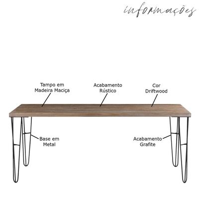 Mesa Sala de Jantar Cozinha Ludiana 140cm Grafite Madeira Maciça Driftwood - Gran Belo