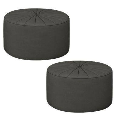 Kit 2 Puffs Decorativos Sala De Estar Round Veludo Cinza - Gran Belo