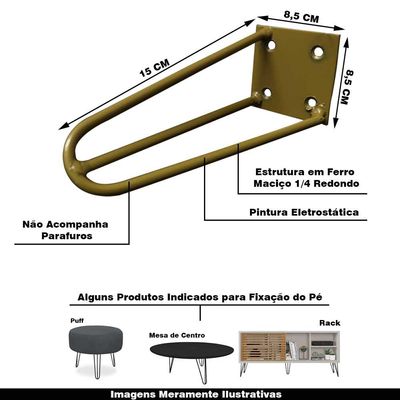 Kit 2 Pés de Metal 15 CM Hairpin Legs Mesas de Centro Puffs Dourado