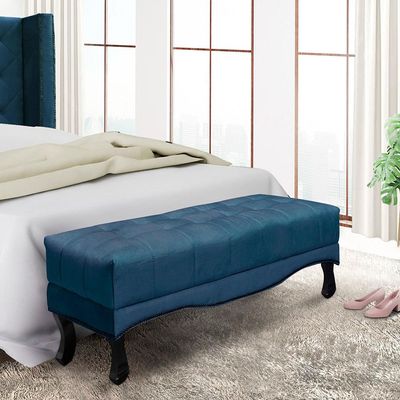Recamier Decorativo 140cm Loewe Veludo Pés de Madeira Azul Marinho - Gran Belo