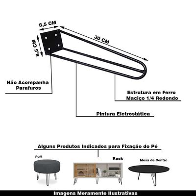 Kit 6 Pés de Metal 30 CM Hairpin Legs Mesa de Canto Rack e Puffs Preto G41