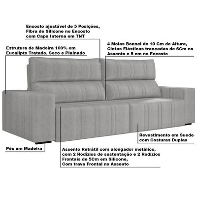 Sofá Retrátil 274 cm Sala de Estar Leonel Suede Cinza - Gran Belo