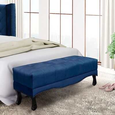 Recamier Decorativo 140cm Loewe Suede Pés de Madeira Azul Marinho - Gran Belo