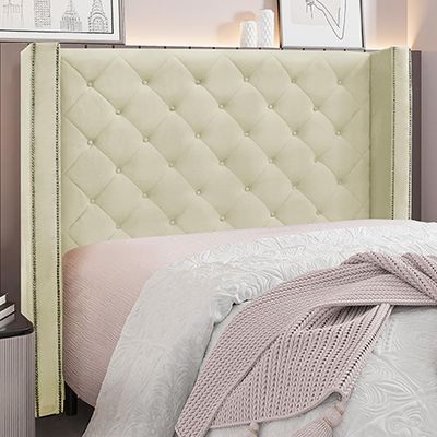 Cabeceira Decorativa Queen Size 1,84M Loewe Veludo Bege - Gran Belo