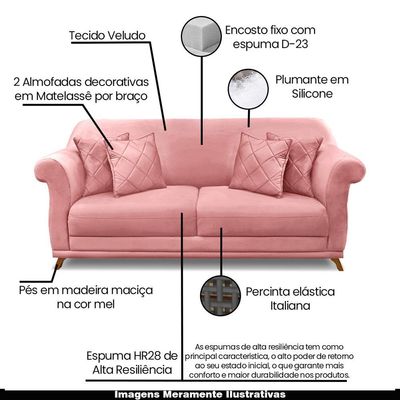 Sofá Decorativo 160cm 2 Lugares com 4 Almofadas Armstrong Veludo Rosa - Gran Belo