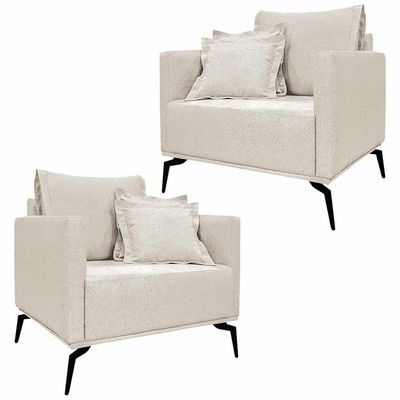 Kit 2 Poltronas Decorativas Pés em Aço Stagno Linho Off White Rústico - Gran Belo